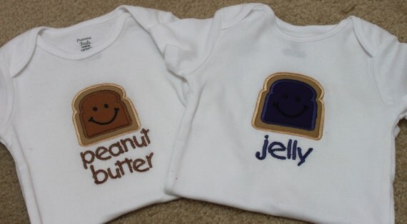 Twin Set of Embroidered Baby Onesies - Peanut Butter and Jelly