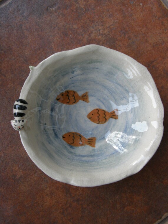 Handmade Ceramic Jewelry Dish Decorative bowl with cat and