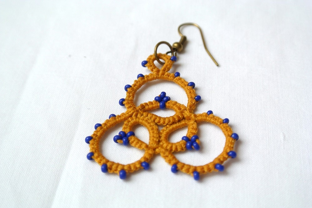 Sale tatted lace earrings mustard and mykonos blue made in
