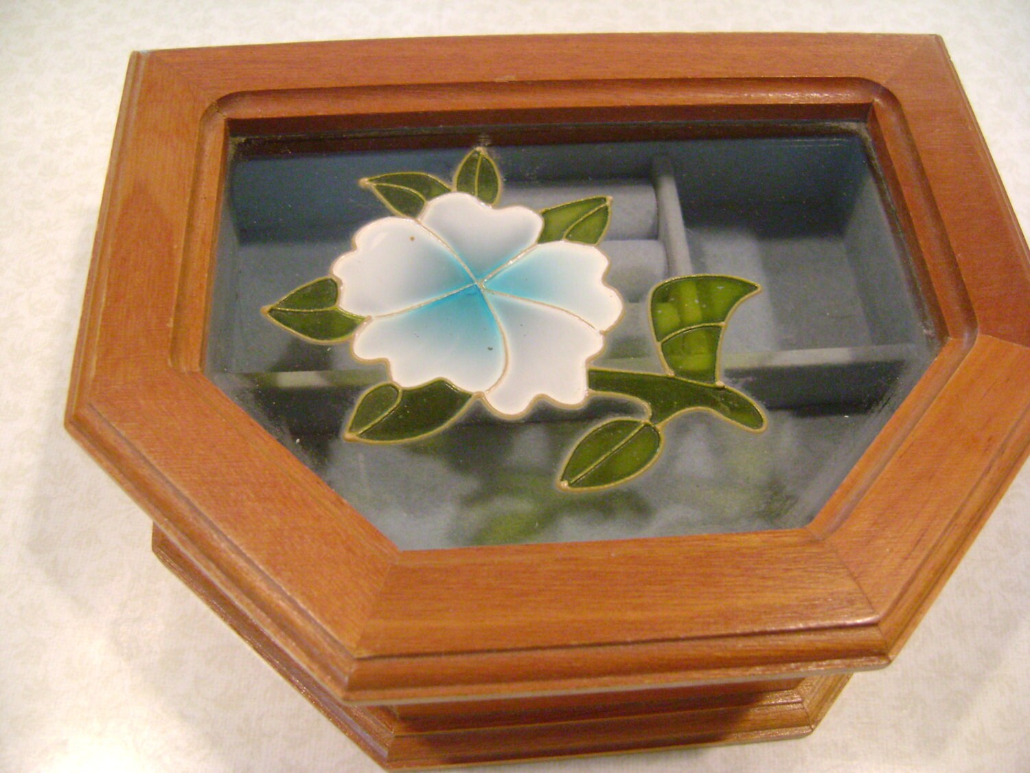Wood Jewelry Box Blue Lining Glass Lid Vintage Sweet