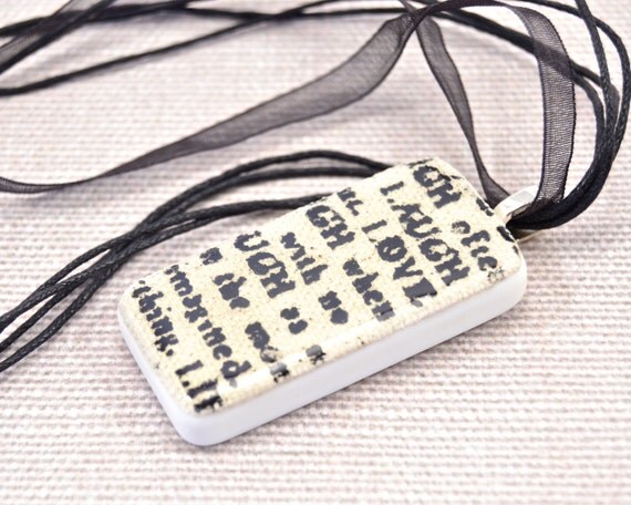 WiReD Boutique: Beige Burlap Fabric Domino Pendant with Black Ribbon and Cord Necklace