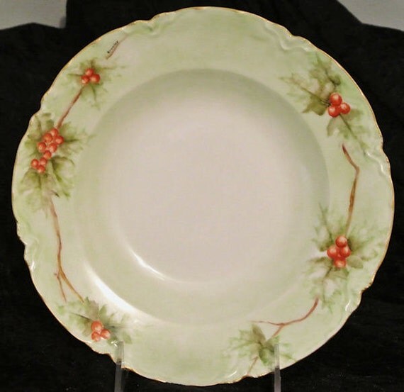 Limoges Artist Signed Hand Painted Porcelain Bowl Haviland France Cherries Berries Shallow Scalloped Edge Art Nouveau French 1900s Victorian