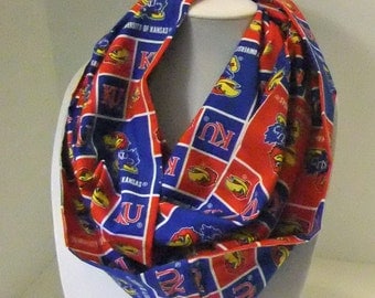 Infinity Scarf - Loop Scarf - Circle Scarf - made by me with liscenced Jayhawk KU fabric - Cotton -reduced price
