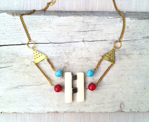 GODDESS Necklace BRASS triangle  Pyrite Red Turquoise