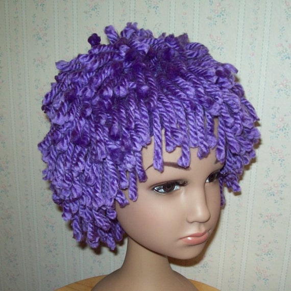 Rag Doll Hat Wig Purple Toddler Size Chunky Yarn