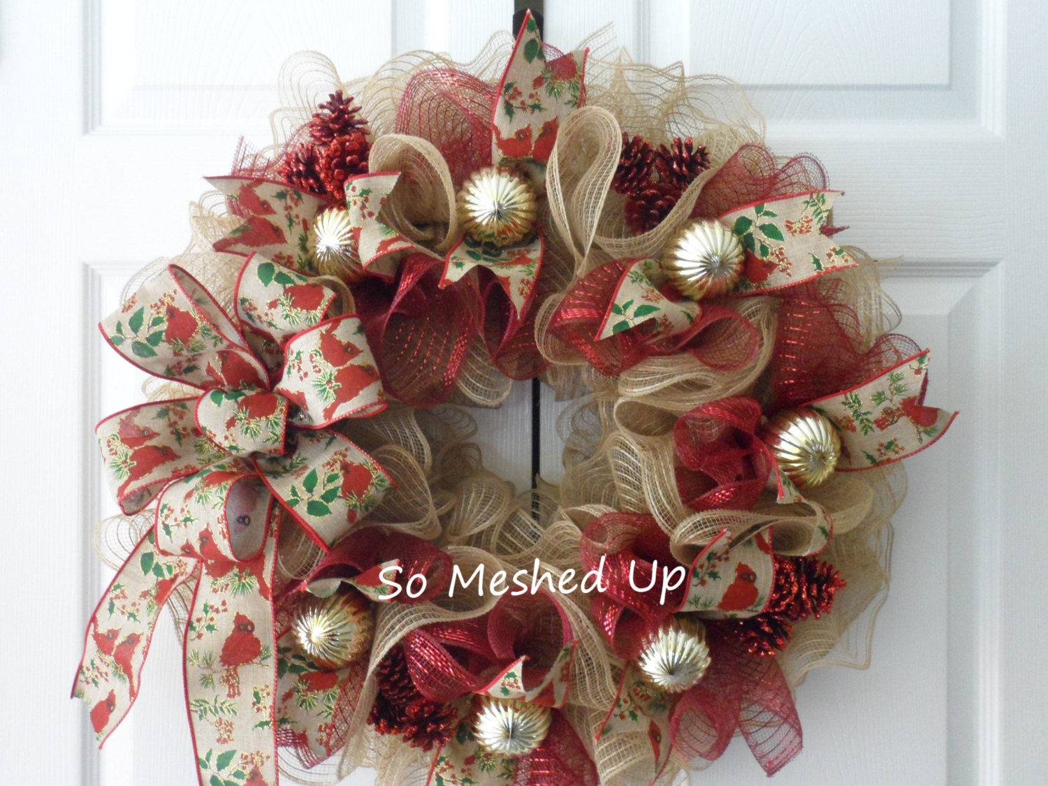 Deco Mesh Burlap Look Christmas Wreath With Burgundy And Gold