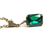Emerald Jewel Pendant, Vintage Green Swarovski Crystal Rhinestone, Vintage Inspired Old Hollywood Estate Style Pendant Necklace