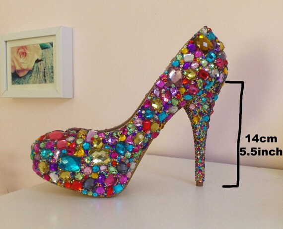 multi colored rhinestone pumps