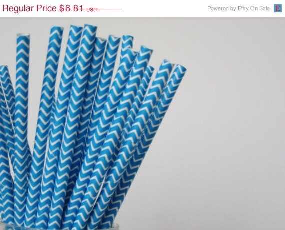 ON SALE 50 Bright Blue and White CHEVRON Paper Straw - ships less than 24 hours Il_570xn