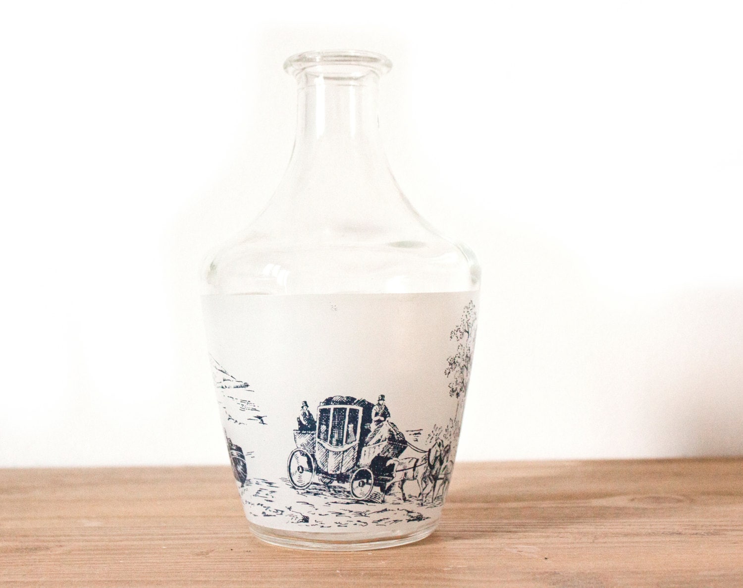 Vintage French liquor glass bottle Blue and white antique french