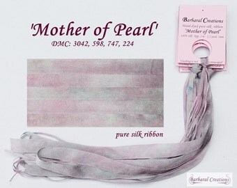 Hand dyed 13 mm wide pure silk ribbon, soie de ruban - 'Mother of Pearl'