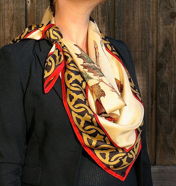 Vintage Silk Designer Perry Ellis Fall Leaf Scarf Cream Red