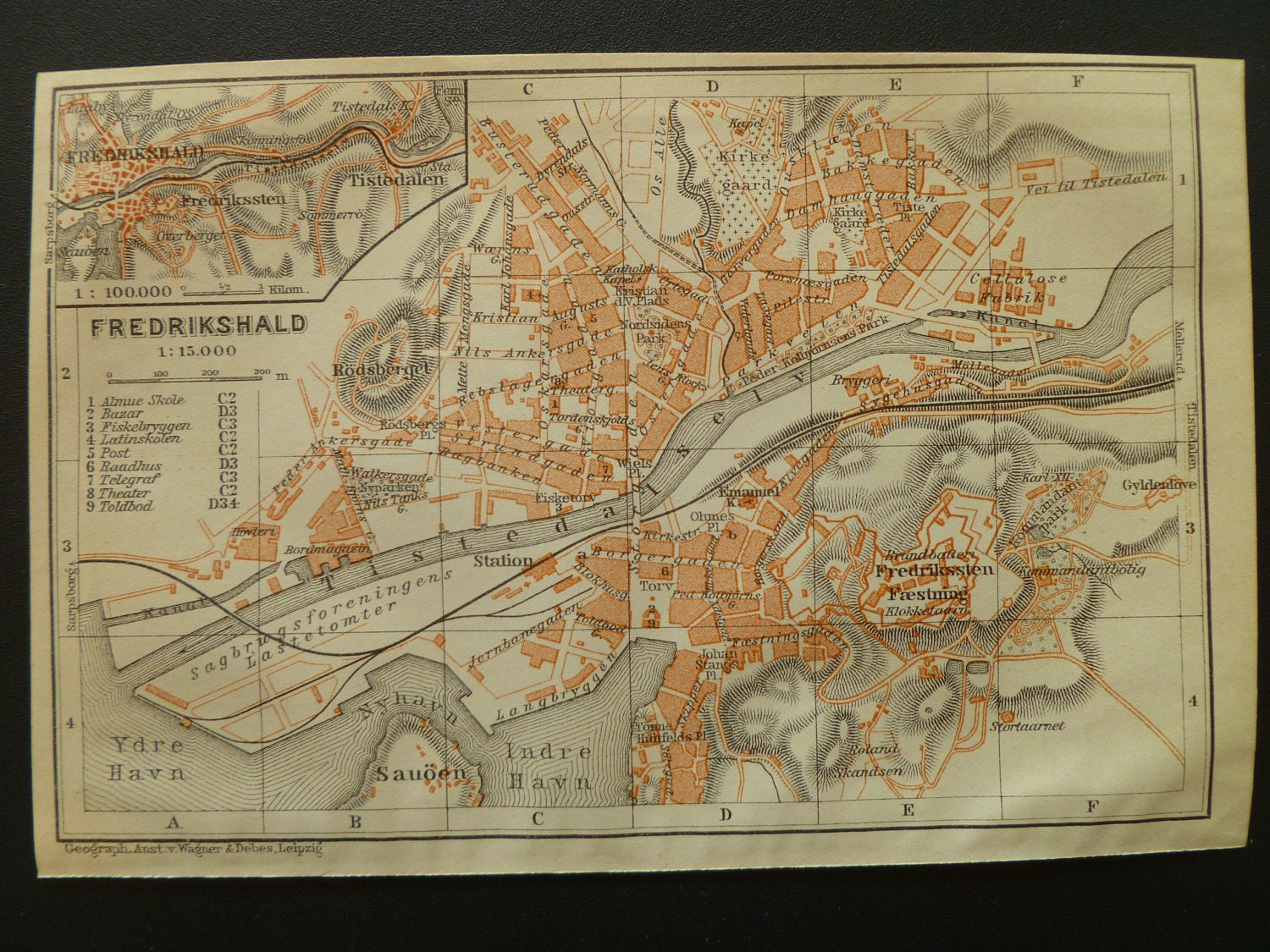 HALDEN antique map of Fredrikshald Norway 1908 old print