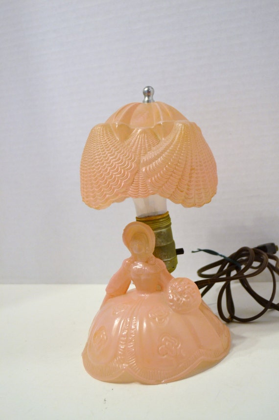 Art Deco Pink Lady Glass Table Lamp with Shade Satin Glass