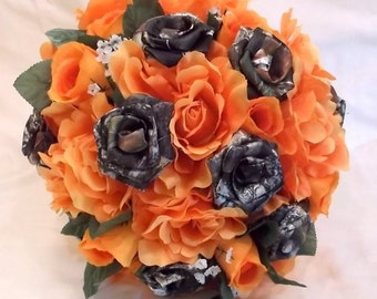 Camo Fall Bouquet, Camo Wedding Bouquet, Bridal Bouquet, Mossy Oak Camo, Orange Silk Flowers, Bullet Shells, Alternative Bouquet, Camo
