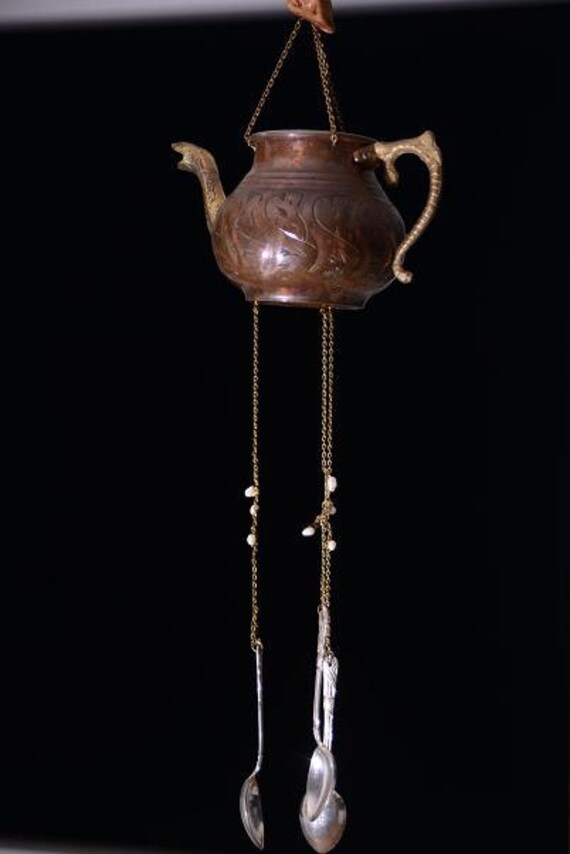 Vintage bronze teapot wind chime holey stone by Beecreativebox