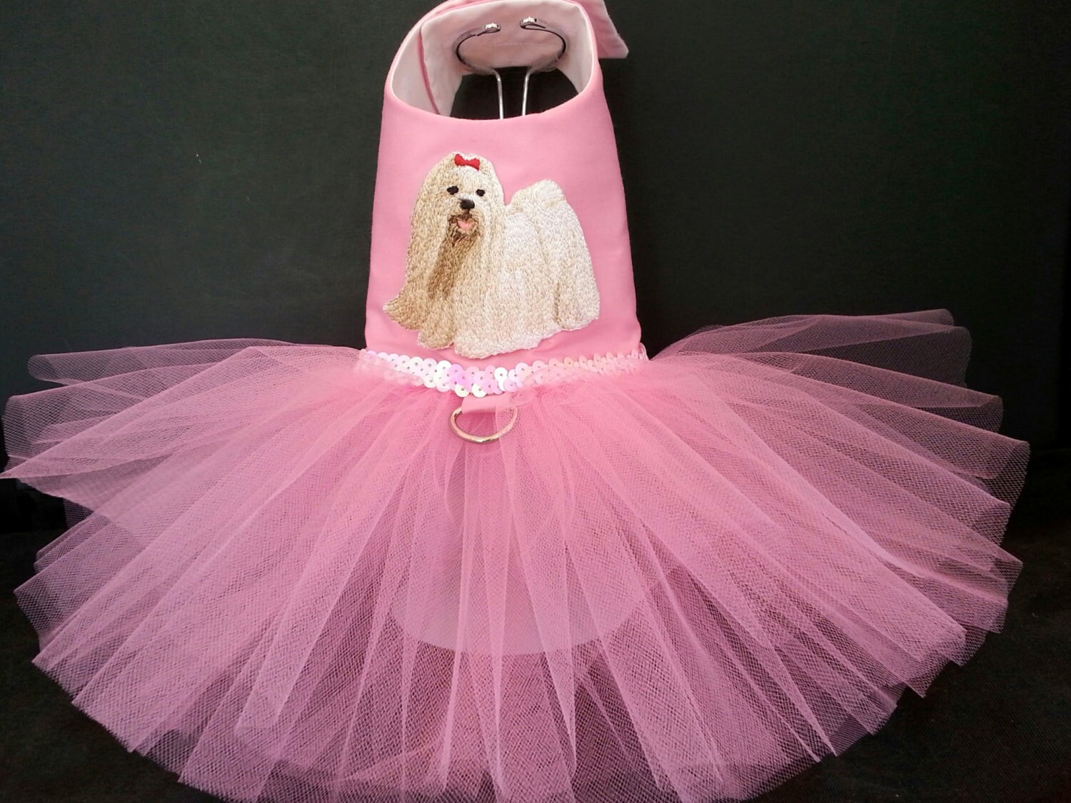 Pink Maltese Embroidery Dog Harness Dress. XSmall Dog Dress to