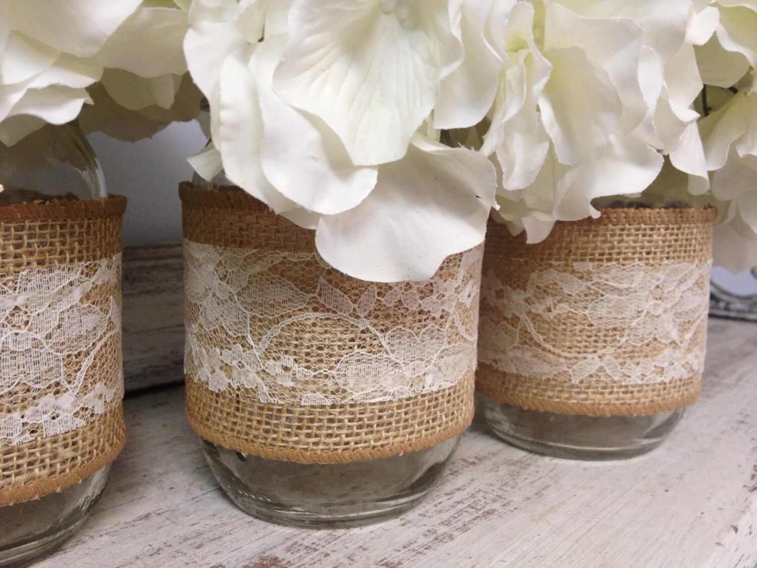 Set Of 3 Burlap And Lace Wrapped Mason Jars Perfect For