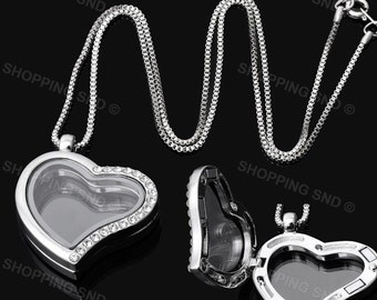 eArt Heart Locket Necklace Living Memory Floating Charm Glass Silver Pendant 20" Free Shipping Worldwide #LKTCHN-HRT-CRT-S