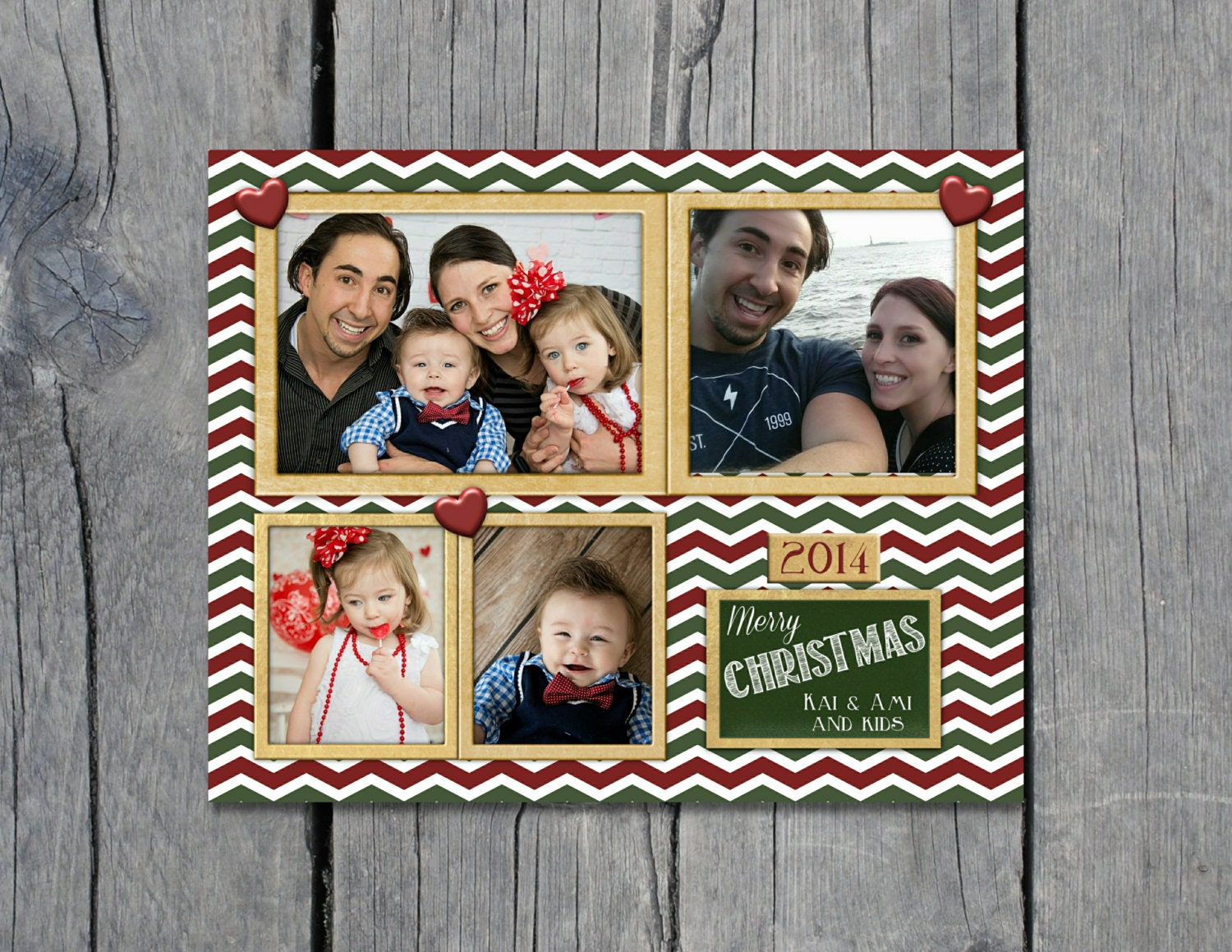 5x7 Family Christmas Card Gold red and green by WriteontheDot