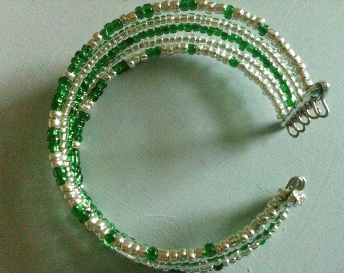 CLEARANCE! green and silver glass beaded cuff bracelet