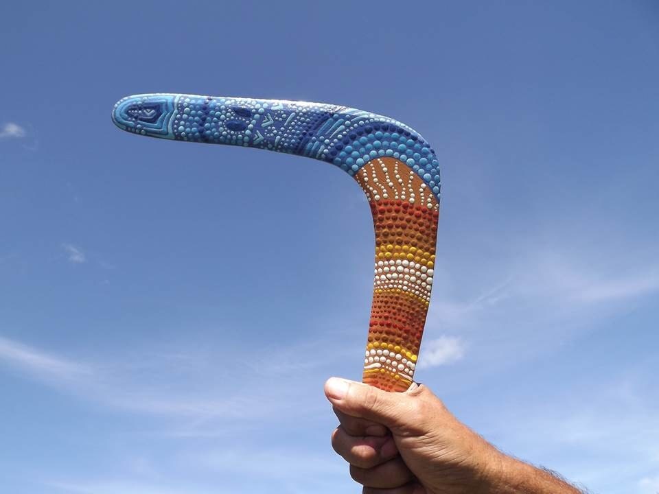 Aboriginal Boomerang handmade / hand painted by Russell