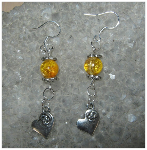 Handmade Silver Earrings with Crackled Amber & Hearts by IreneDesign2011