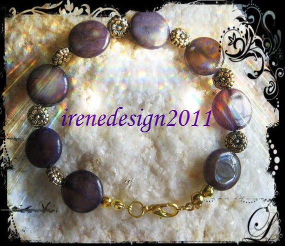 Handmade Gold Bracelet with Amethyst Coins & Flowers by IreneDesign2011