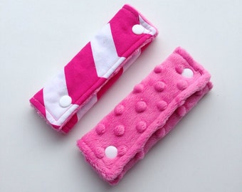 Chevron Reversible Car Seat Strap Covers - Pink Chevron Cotton and Minky Dot - Pink Minky