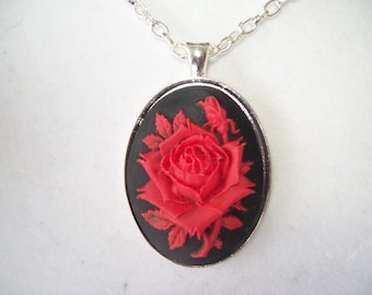 Red and Black Rose with Rosebud Cameo Pendant