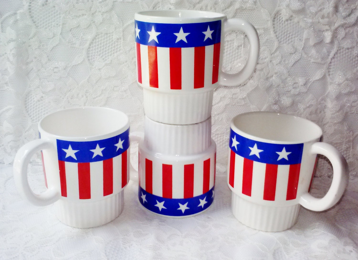 Stars & Stripes USA Coffee Mugs Set Vintage New American Flag