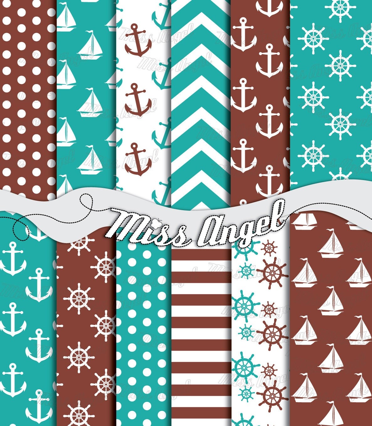 Nautical Digital Sheets Set. Scrapbook Paper Pack Navy