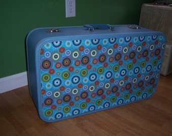 Vintage blue suitcase upcycled,25x14x8, with key