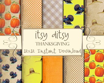 Thanksgiving Digital paper, Thanksgiving scrapbook paper - printable rustic pumpkin pattern, turkey, pilgrim hat background papers