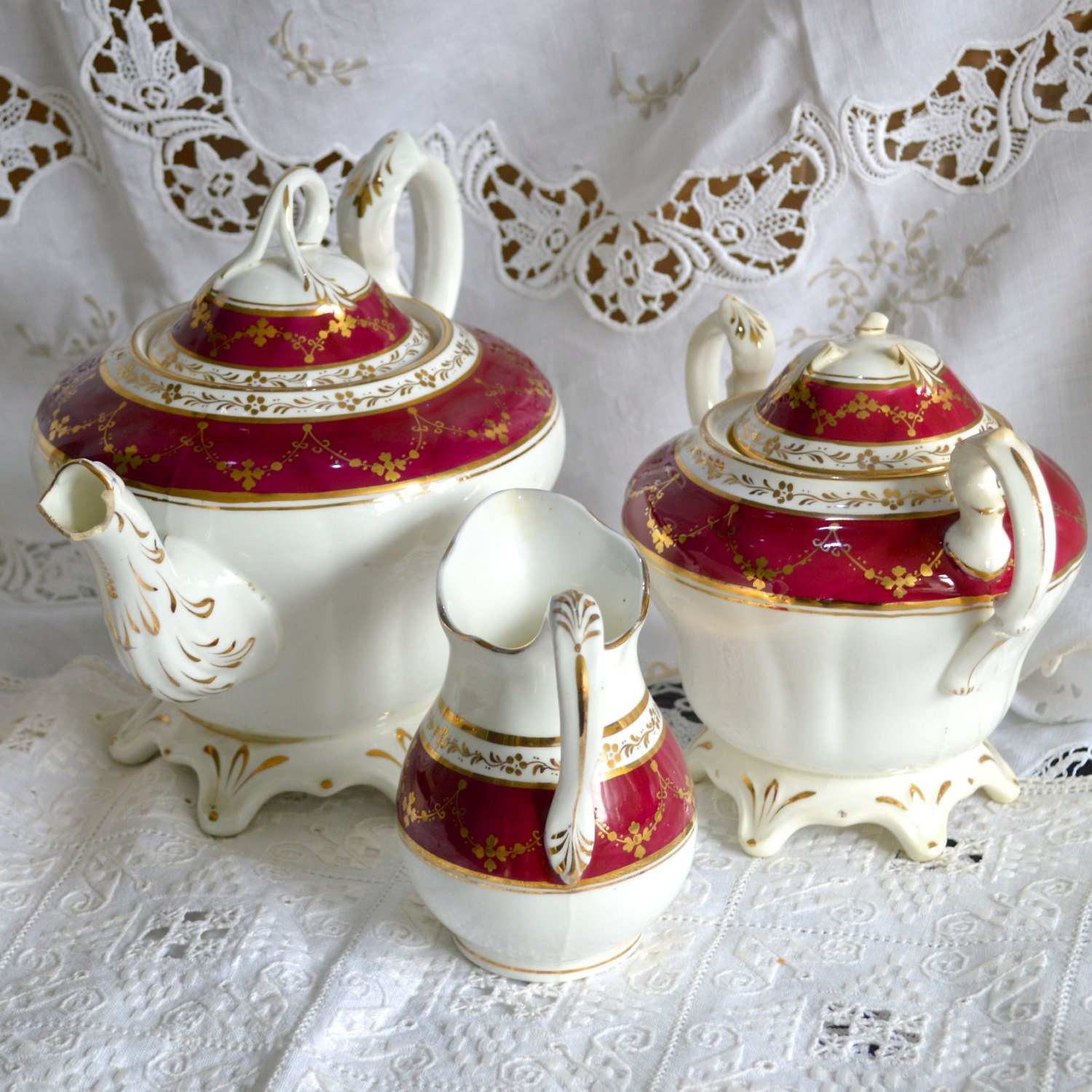 Victorian Tea Set Large 2 1/2pt Teapot Sugar Creamer Jug