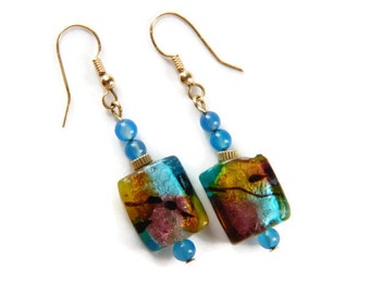 Light Blue Earrings Lampwork Earrings Gold Beaded Earrings Gemstone Earrings Large Dangle Earrings Clearance Sale