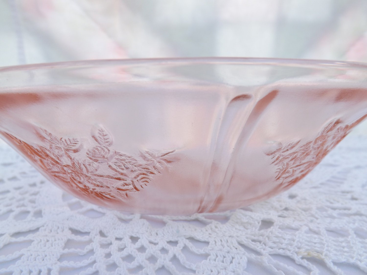 Pink Cabbage Rose Depression Glass Round Serving by VintageManaged