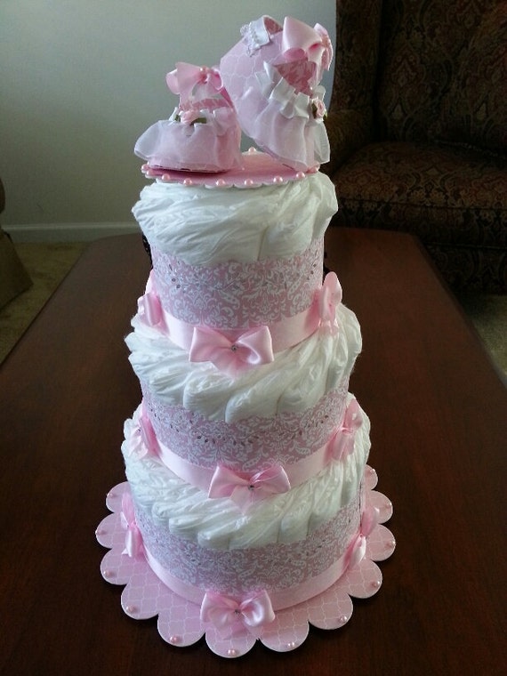 Three Tier Pink And White Diaper Cake   Pink By Thecarriageshoppe