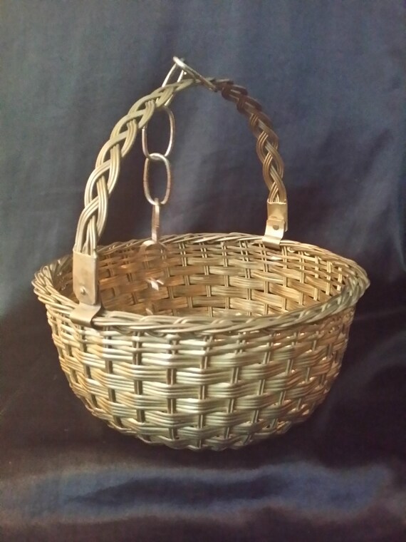 Vintage Brass Woven Wire Basket With Handle And Hanging Chain