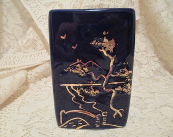 Beautiful Vintage Navy Blue Oriental Style Vase with Gold Trim