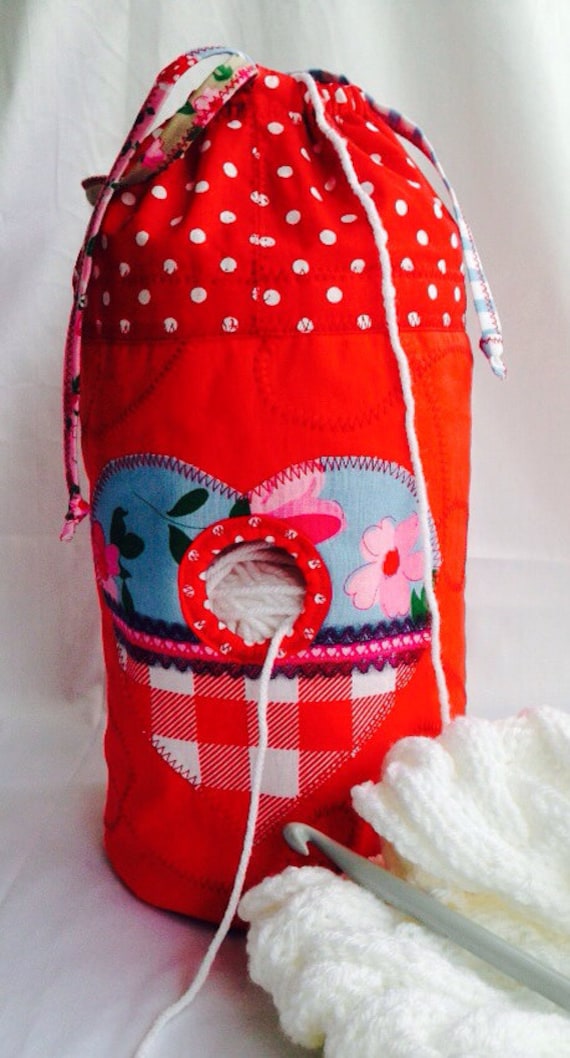 QUILTED VINTAGE HEART Knitting bag wool yarn holder needle case ...