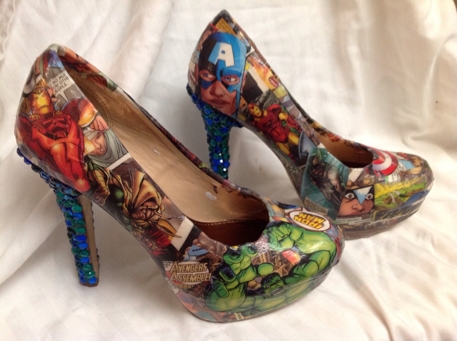 Superhero comic and rhinestone heels