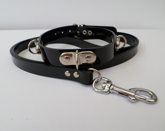 heavy duty black pvc bondage fetish slave collar and lead