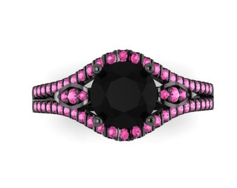 Pink Sapphire Engagement Ring 14K Black Gold Diamond Wedding Ring with 1.20ct Round Black Diamond Center Mother's Day Fine Jewelry - V1000