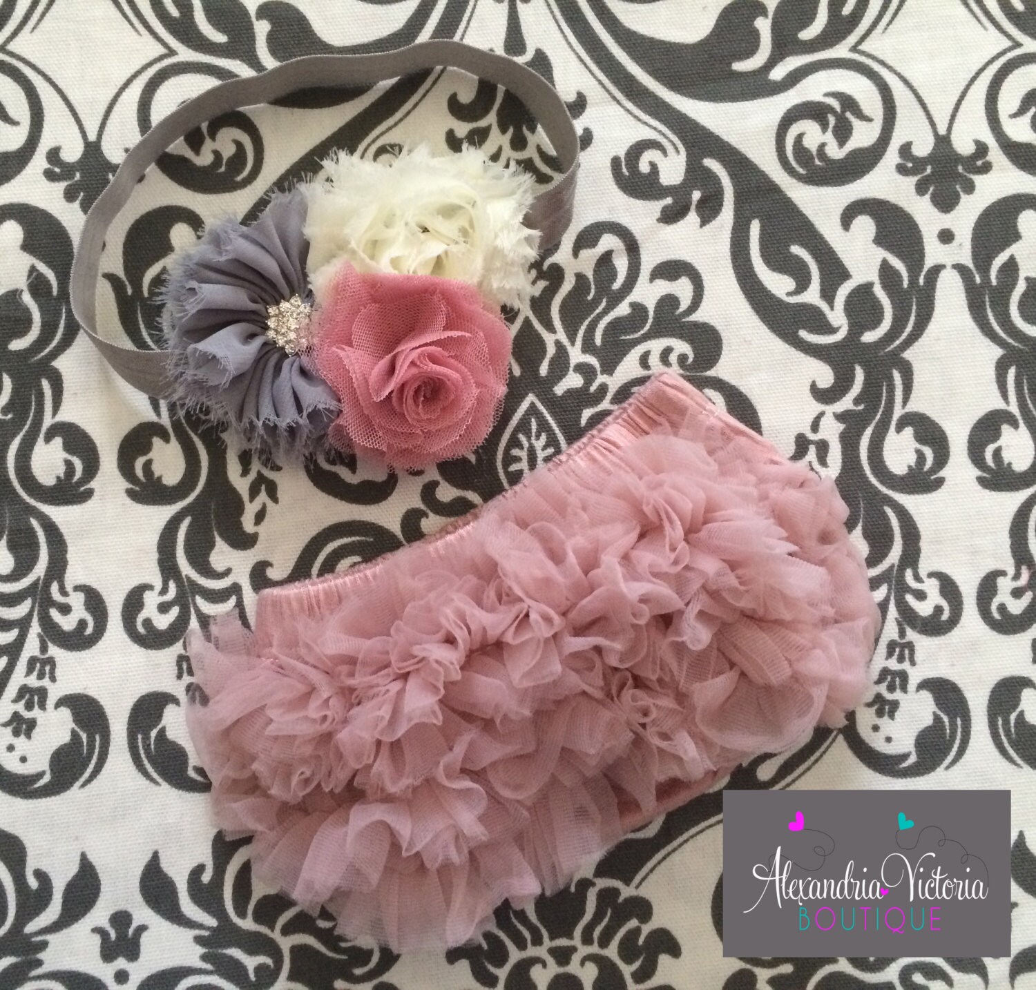 VINTAGE PINK BLOOMER set baby headband and chiffon ruffle