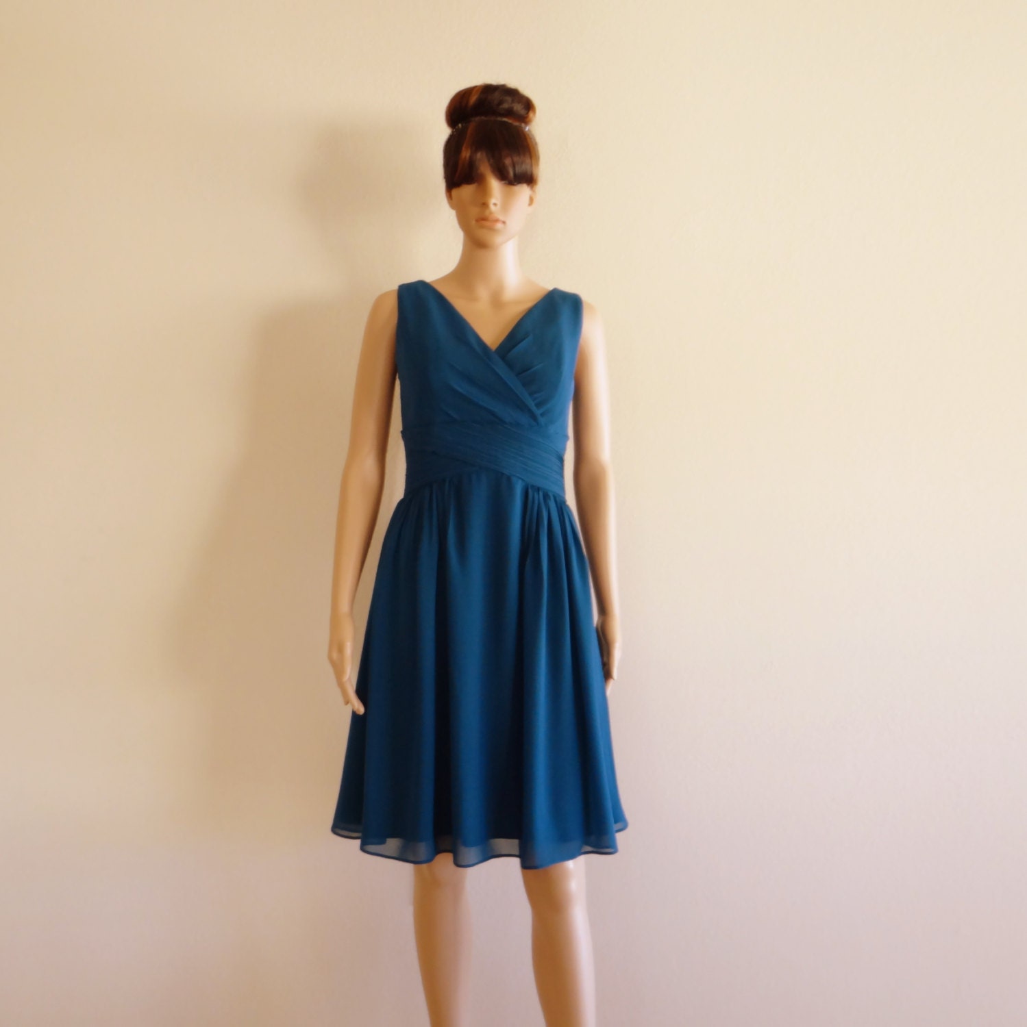 Full Skit Chiffon Bridesmaid Dress with Y Neck Turquoise Plus Size