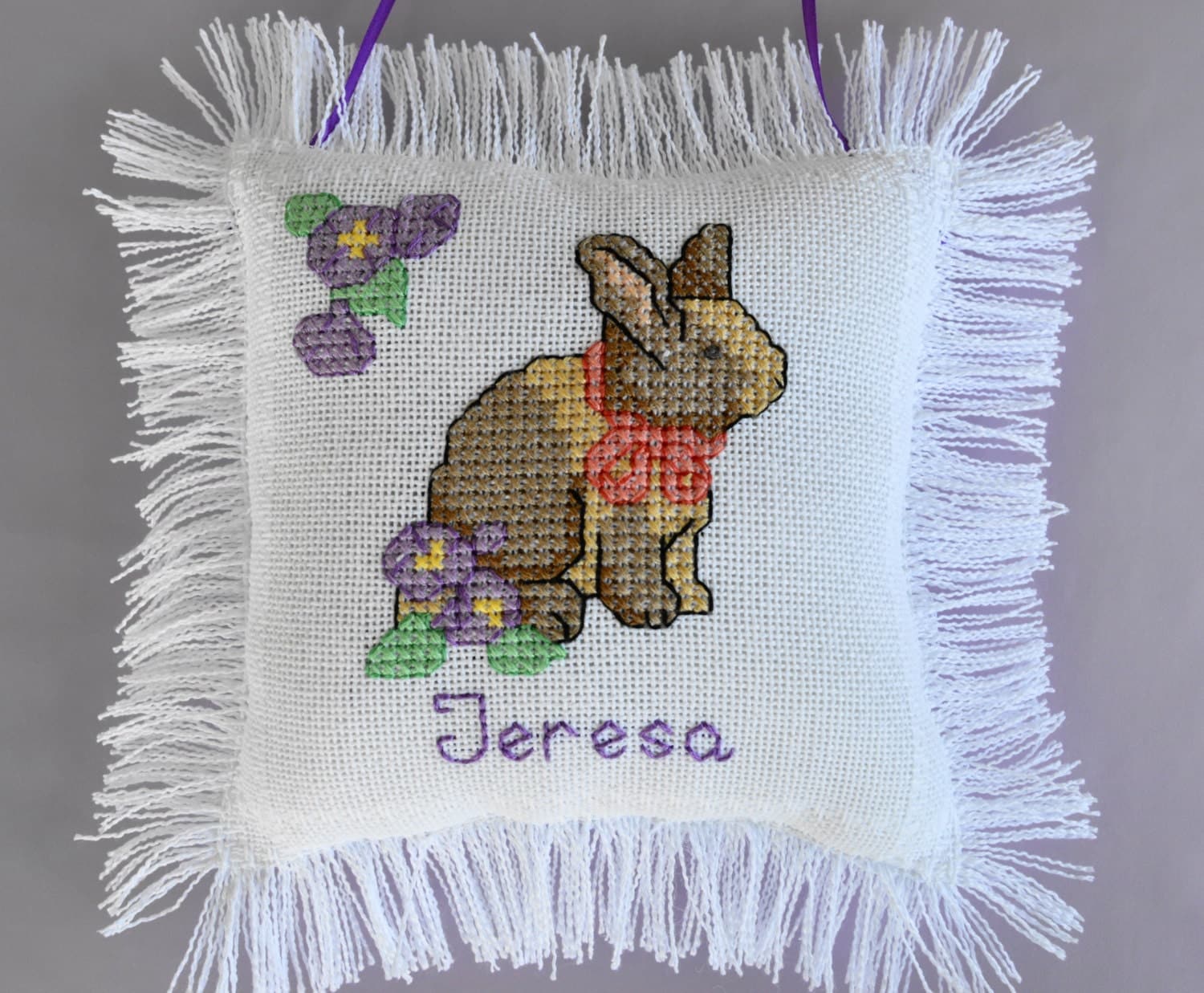 Baby Girl Personalized Pillow Hand Stitched in Cross Stitch