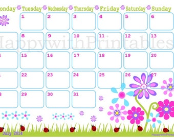 Calendar July 2014 Printable - Summer - Flowers - Ladybug - Cute ...