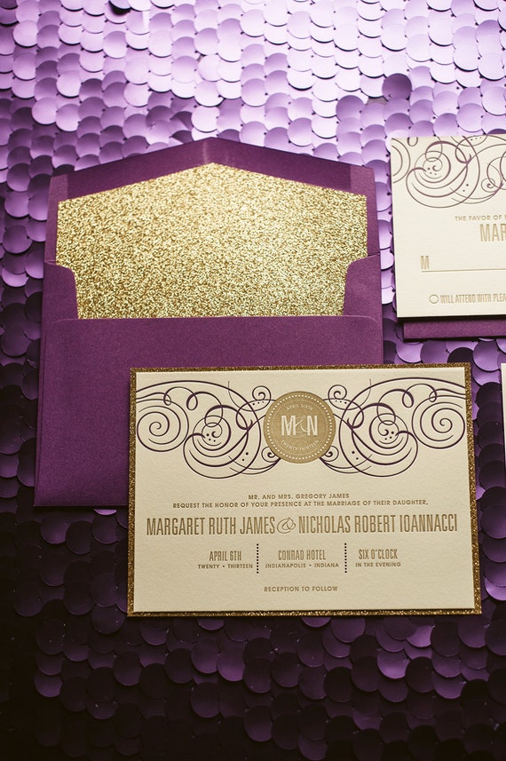 Purple & Gold Wedding Invitation, Gold Glitter Wedding Invite, Purple Invitation, Monogram - Sample Set