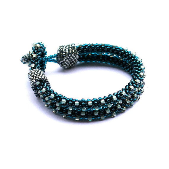 Teal bead crochet rope bracelet beaded seed bead by Naryajewelry